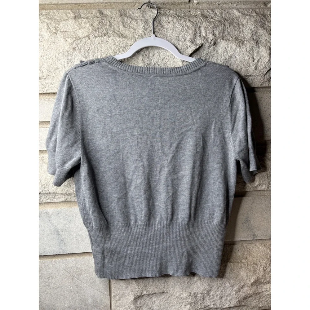Worthington Womens Gray Ruffle‎ V-Neck Short Sleeve Button Front Cardigan Large